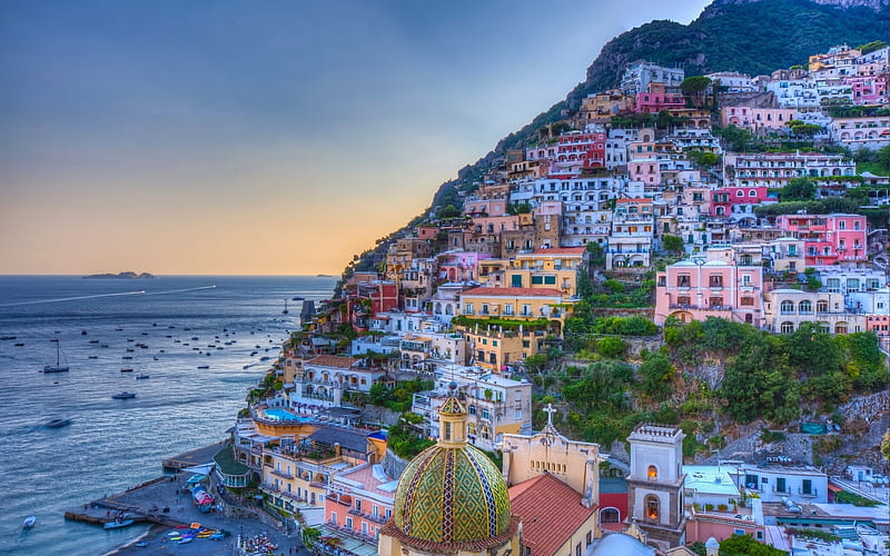 Positano, coast, sea, evening, Amalfi, Salerno, Campania, Italy, HD wallpaper