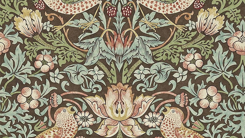Birds With Flowers Leaves In Brown Background William Morris, HD wallpaper