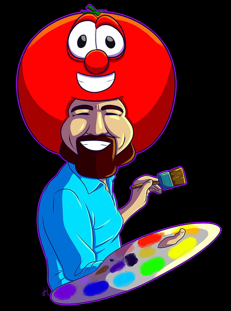 Bob the Tomato Ross, bob ross, bob the tomato, crossover, the happy painter, the joy of painting, veggie tales, HD phone wallpaper