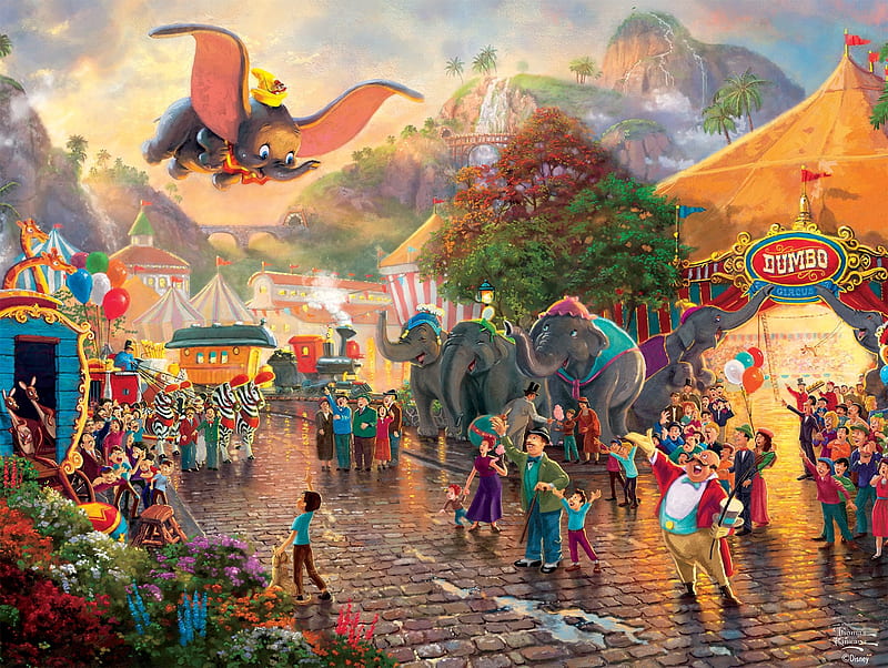 Dumbo, art, fantasy, elephant, painting, pictura, thomas kinkade, disney, HD wallpaper
