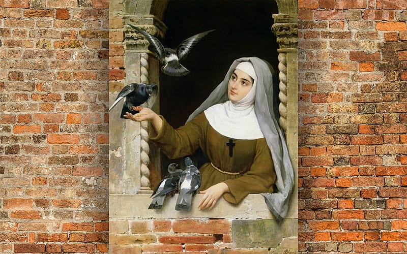 By Monastery Window, Christianity, doves, window, brick, nun, pigeons, wall, monastery, painting, HD wallpaper