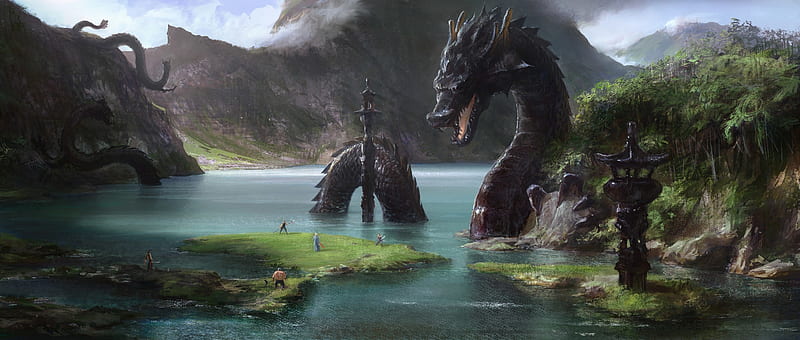 Black dragon, dragon, art, water, fantasy, luminos, people, black, HD wallpaper Black dragon, dragon, art, water, fantasy, luminos, people, black, HD wallpaper