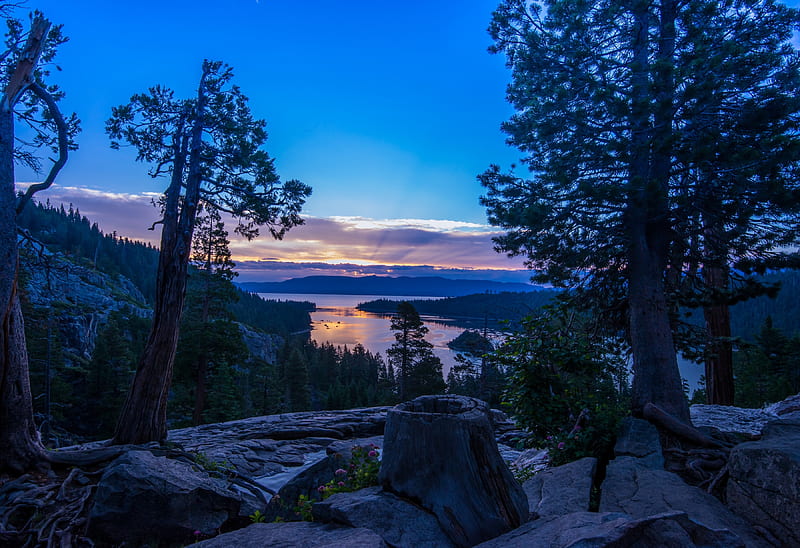 Emerald Bay, Lake Tahoe at Sunset, nevada, usa, mountains, reflection, trees, HD wallpaper