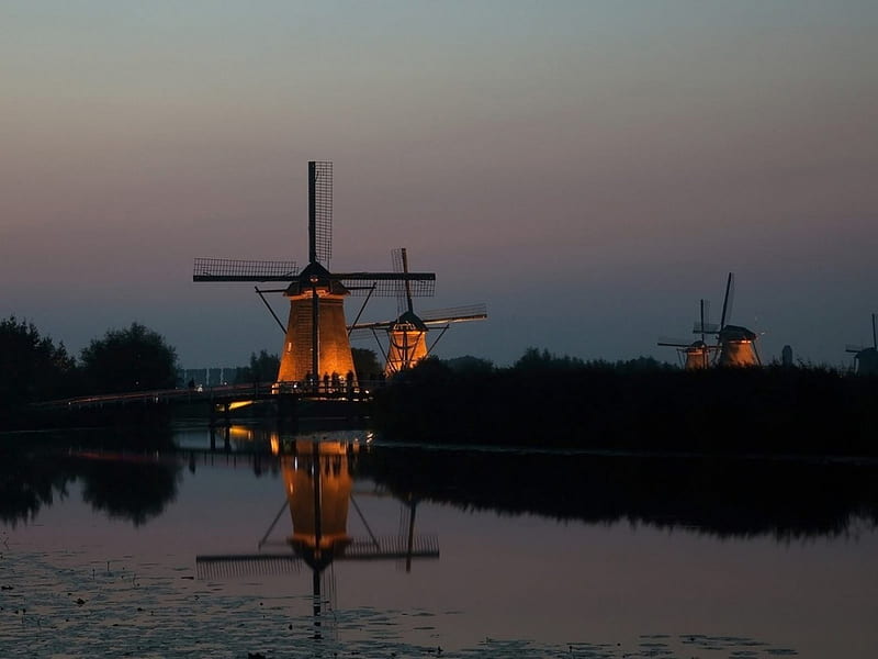 Windmills, amazing, sunset, windmill, river, HD wallpaper | Peakpx