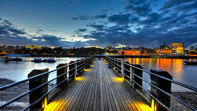 Pier Wood Dock Path Between Water Lights Colorful Buildings Background Under Black Clouds Blue Sky Nature, HD wallpaper