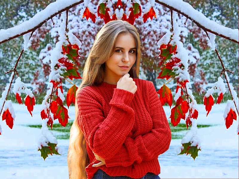 Snuggly Sweater Girl Red 1, sweater, winter, colorful, blue, white, blonde, res, vibrant, girl, vivid, snow, bright, green, bold, HD wallpaper