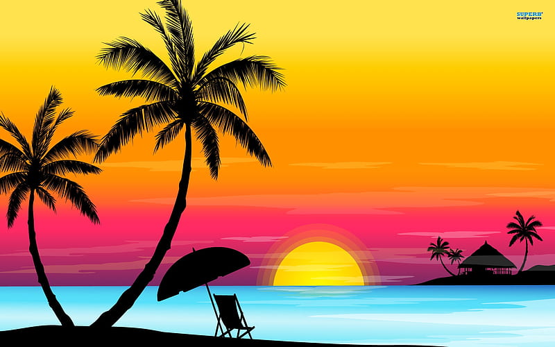 Sunset Skies, beach, clipart, palm, vector, ocean, HD wallpaper