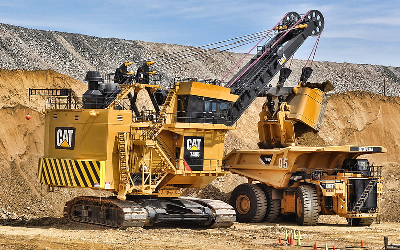 Cat 7495 HF, Rope Excavator, Cat 797F, Mining Truck, Construction Vehicles, Excavator, Rock Mining, Quarry, Caterpillar, HD wallpaper