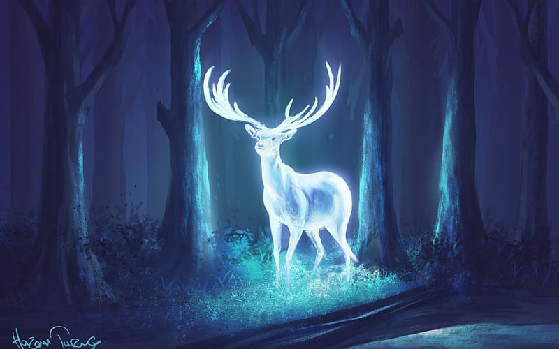 Deer, forest, luminos, horns, spirit, tree, fantasy, patronus, light, night, blue, HD wallpaper
