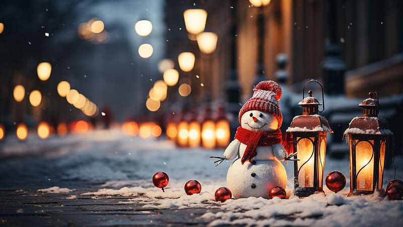 Merry Christmas And A Happy New Year, artwork, snowman, digital, bulbs, town, lamp, snow, street, HD wallpaper