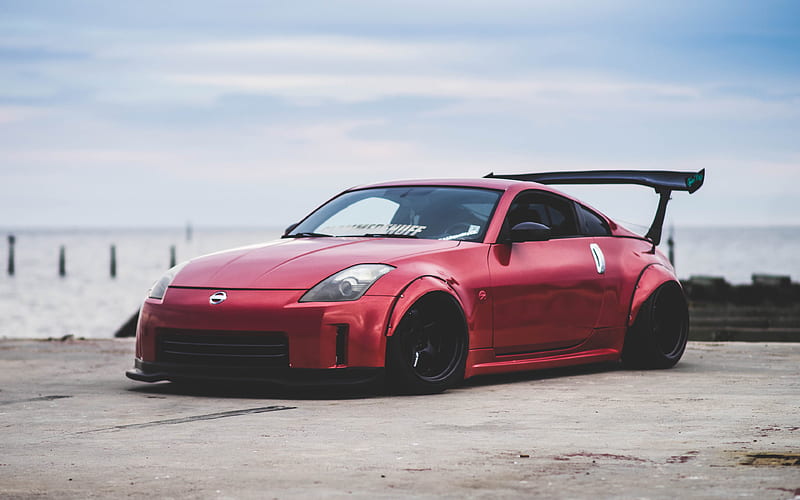 Nissan 350Z, red sports coupe, understatement, low rider, tuning 350Z, black wheels, Japanese sports cars, Nissan, HD wallpaper