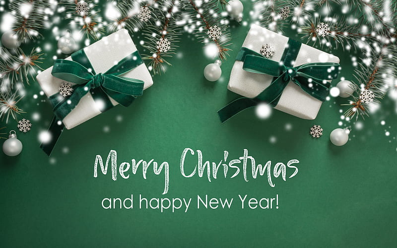 Merry Christmas, Green christmas background, gifts boxes, green background, Happy  New Year, HD wallpaper | Peakpx