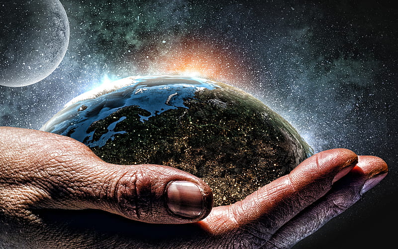 Earth in hand, starry sky, hand of an elderly person, Take care of the earth, Save Earth, HD wallpaper