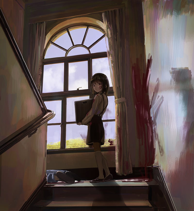 anime girl, stairs, windows, short hair, Anime, HD phone wallpaper