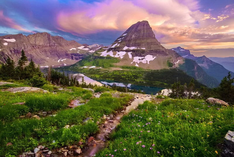 Landscape with mountain and lake, lovely, grass, bonito, sky, lake ...