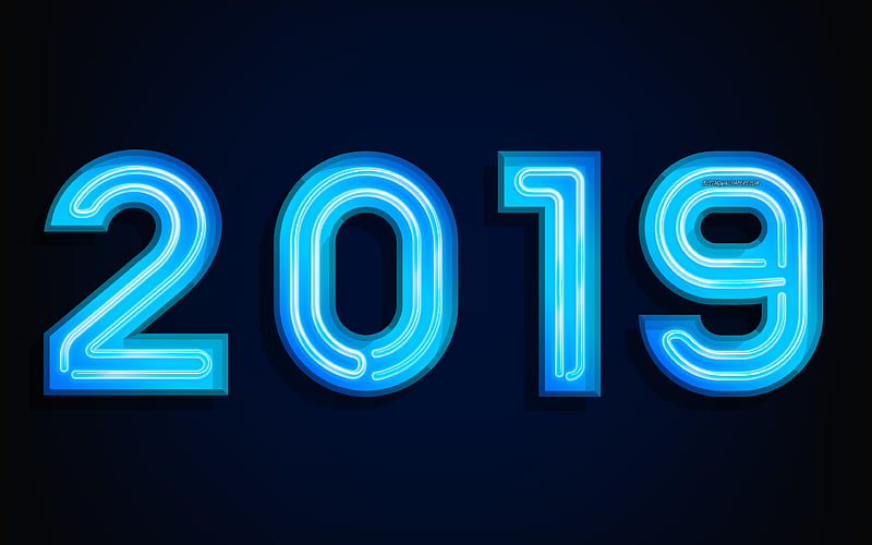 2019 Year blue neon letters, art, blue background, New 2019, light effects, 2019 concepts, HD wallpaper