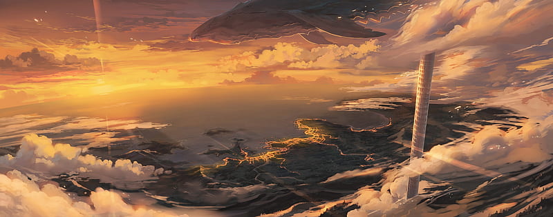 anime landscape, flying whale, tower, sunset, scenic, sky, Anime, HD wallpaper
