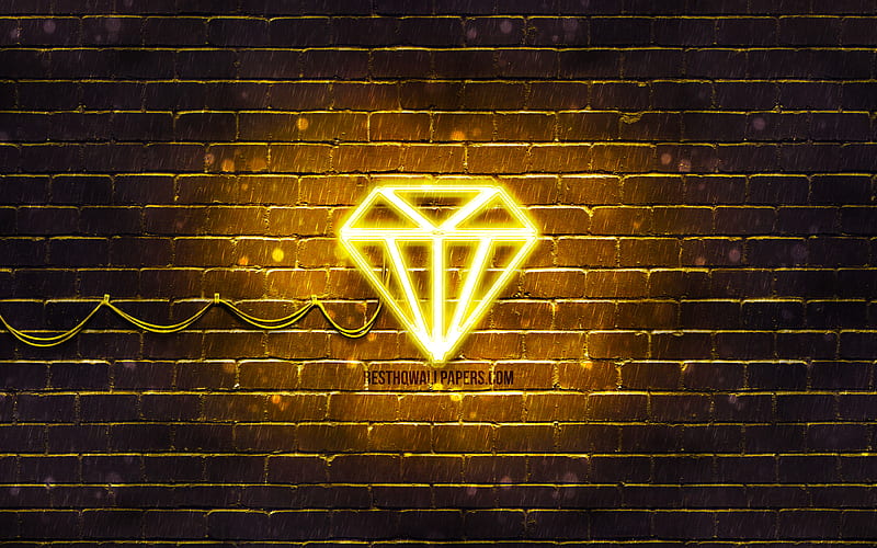 Diamond neon icon yellow gem, neon symbols, Diamond, gems, neon icons, Diamond sign, gems signs, yellow background, Diamond icon, gems icons, HD wallpaper