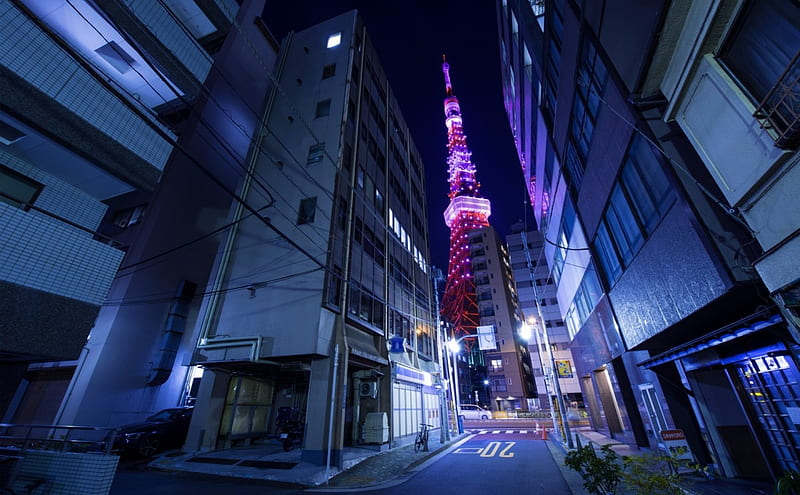 tokyo tower from a side street, city, tower, street, lights, night, HD wallpaper