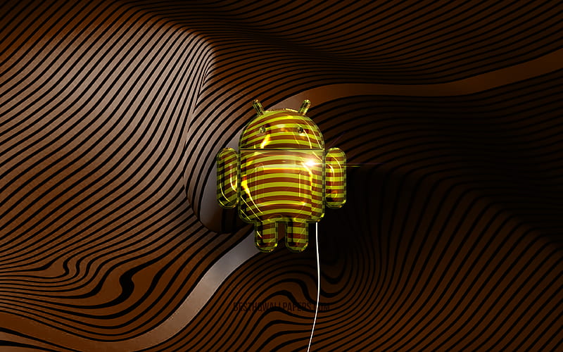 Android 3D logo golden realistic balloons, Android logo, brown wavy backgrounds, Android, HD wallpaper