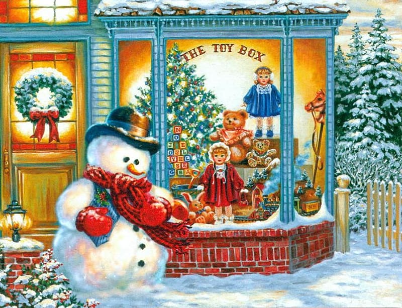 :), art, painting, window, pictura, winter, toy, craciun, tree, snowman, shop, christmas, HD wallpaper