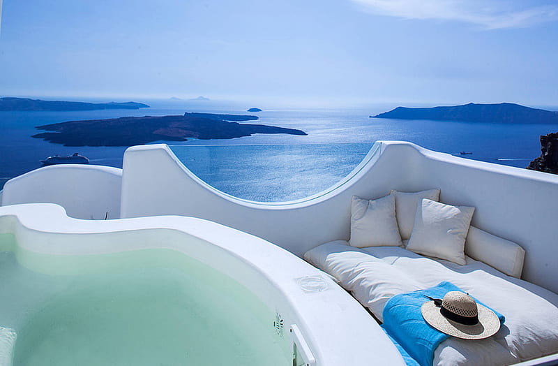 View over Sea Santorini Greece, greece, islands, greek, exotic, view, ocean, vista, sea, paradise, santorini, island, white, luxury, blue, HD wallpaper