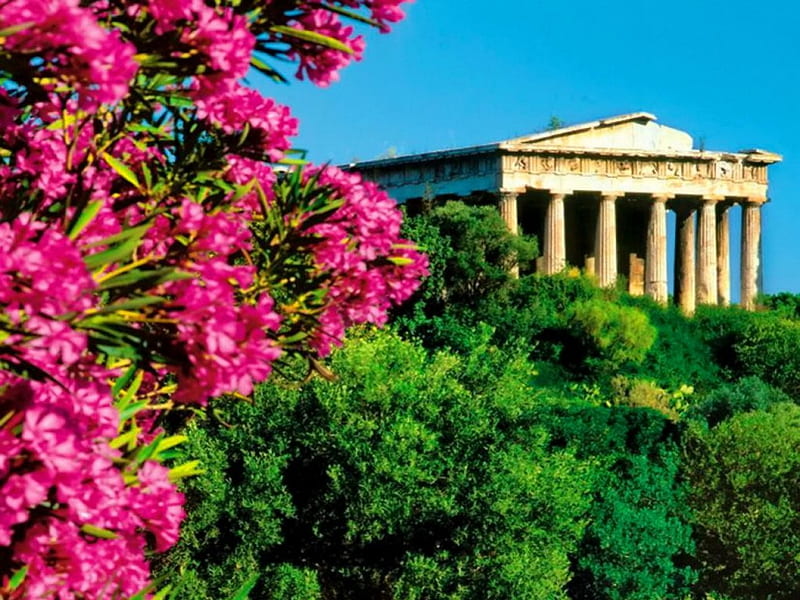 Greece, lovely, travel, bonito, trees, sky, landmarks, building, nice, bush, destination, summer, flowers, HD wallpaper