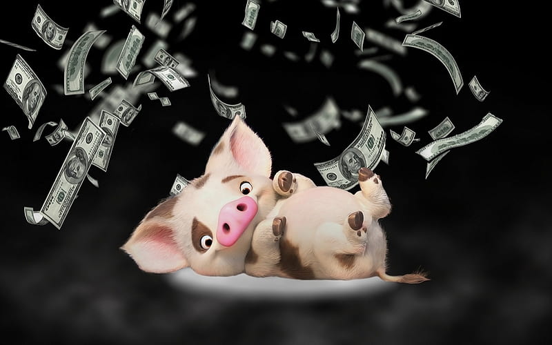 piglet with money, 3D art, flying dollars, symbol of 2019 year, money, funny piglet, pigs, piglet, HD wallpaper