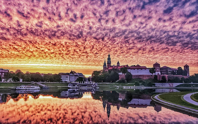 Wawel Castle, Krakow, Poland, river, castle, Krakow, Poland, clouds, reflection, HD wallpaper