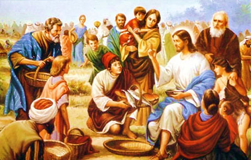 Jesus feeding the multitude, christ, jesus, food, people, miracle, HD wallpaper