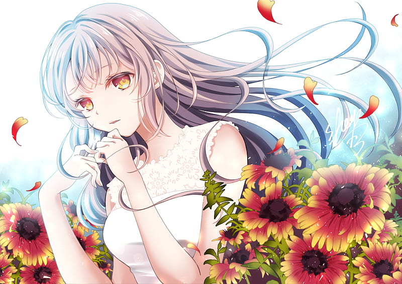 Anime, Original, Blossom, Flower, Girl, Orange Eyes, HD wallpaper
