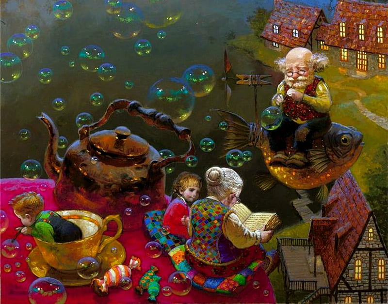 Grandmother's tales, art, luminos, grandmother, painting, cup, copil, child, pictura, dream, pink, victor nizovtsev, grandfather, HD wallpaper