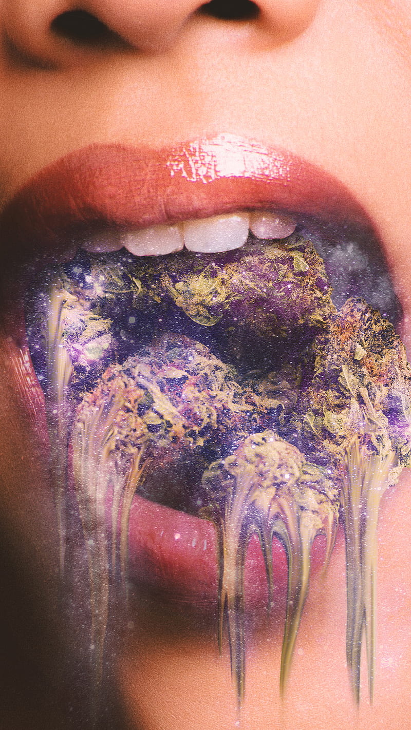 W**d Mouth, collage, digital, eating, kiss, marihuana, portrait, stars, surreal, surrealism, HD phone wallpaper