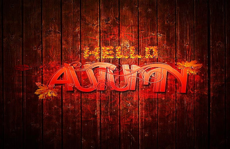 Hello Autumn, autumn, leaves, september 23, welcome sign, wood, red and orange, HD wallpaper