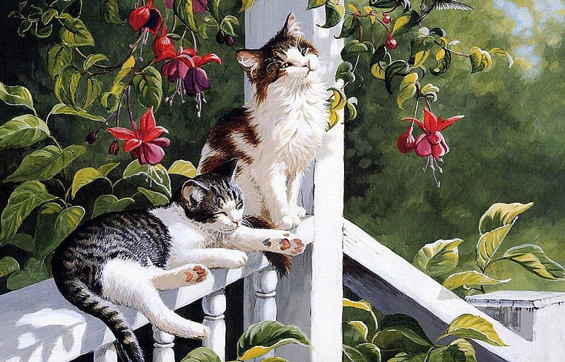 Kittens, porch, painting, railing, flowers, hummingbird, bleeding hearts, trees, cats, HD wallpaper