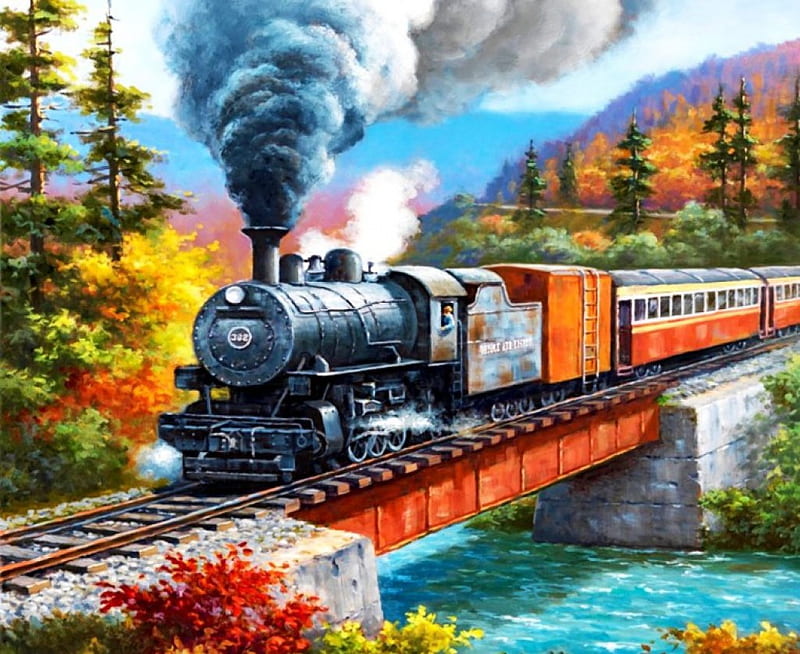 Train Crossing, autumn, locomotive, steam, trees, artwork, railway, bridge, painting, nature, river, HD wallpaper