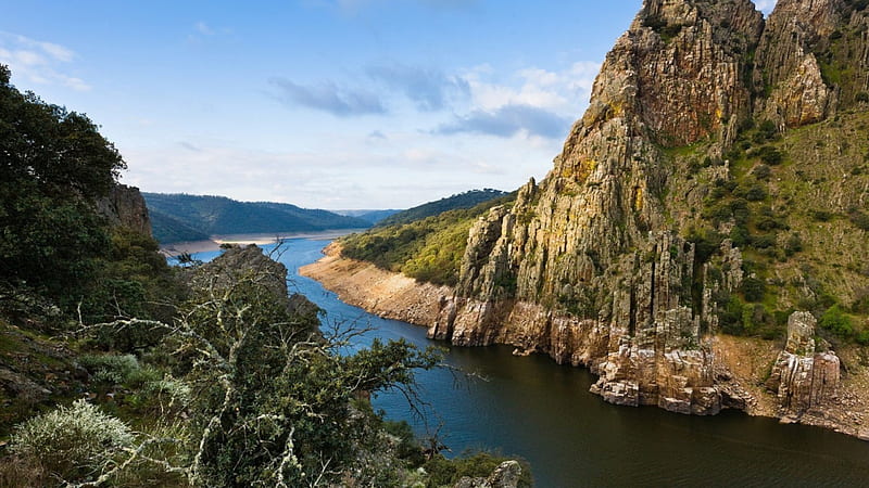 beautiful cliffs above a river, rocks, river, cliffs, trees, HD wallpaper