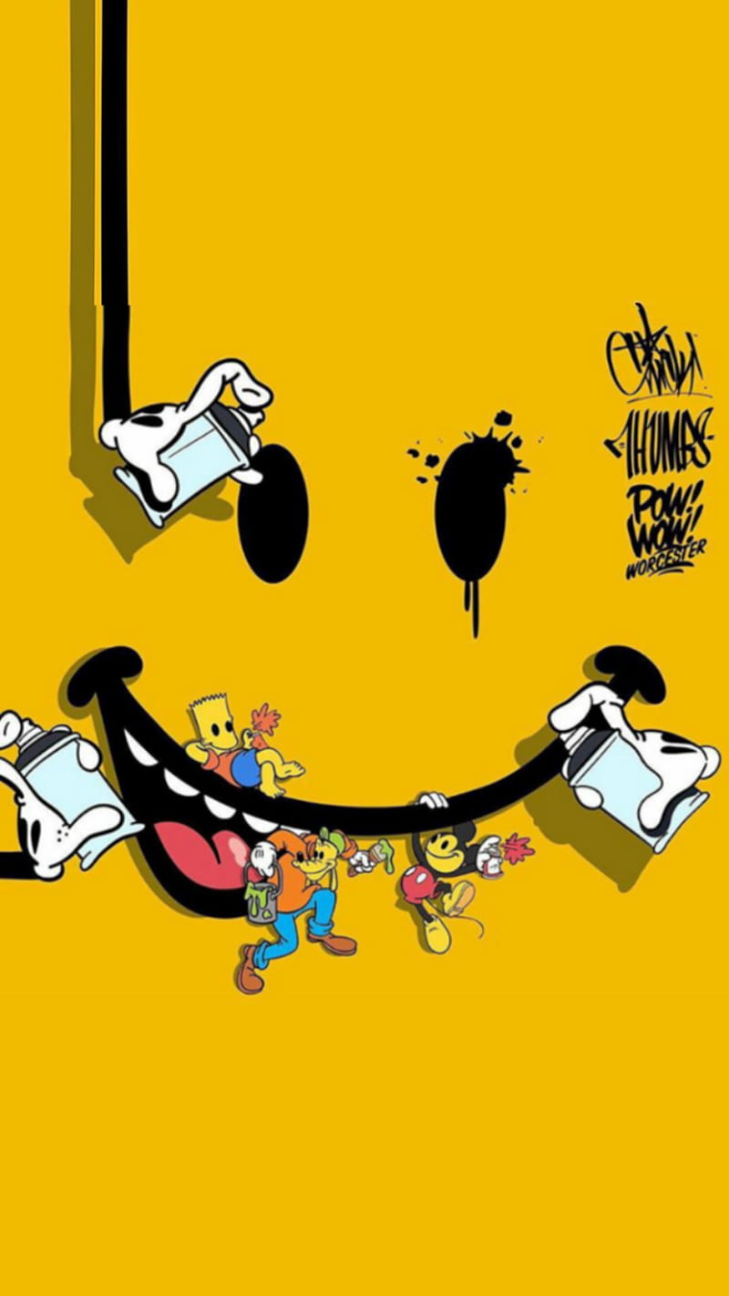 Happy graffiti, bart, ipad pro, mickey, mouse, simpson, simpsons, thumbs1, yellow, HD phone wallpaper