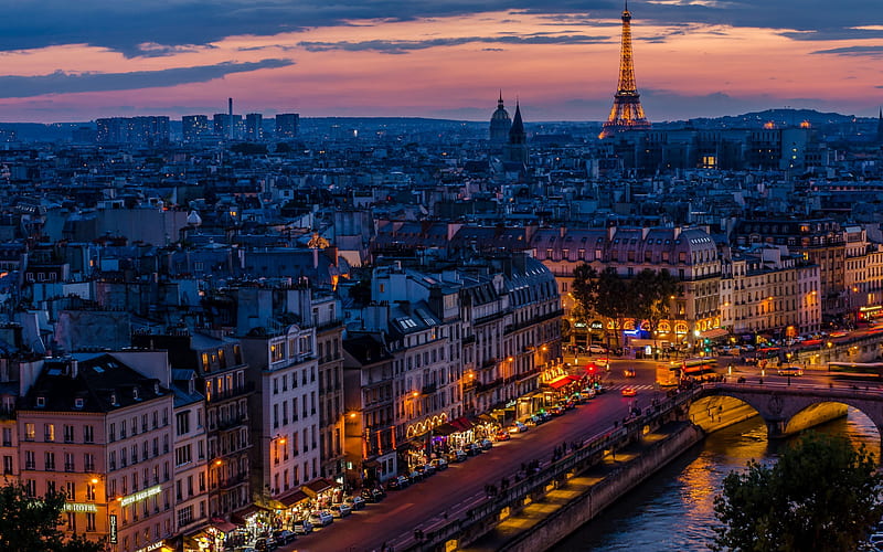 Paris, evening, sunset, Eiffel Tower, Seine river, landmark, Paris cityscape, France, HD wallpaper