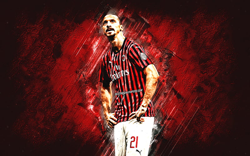 Zlatan Ibrahimovic, AC Milan, Swedish footballer, Milan, portrait, red stone background, Serie A, football, HD wallpaper