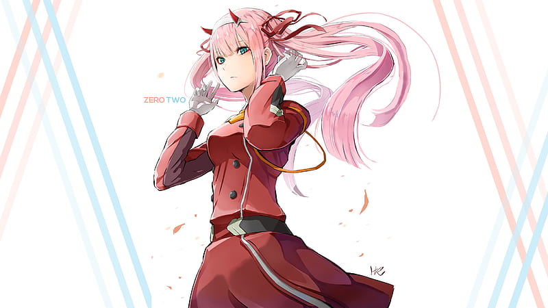 darling in the franxx zero two with red uniform with background of white  and pink and blue cross lines 4k hd anime Wallpapers, HD Wallpapers