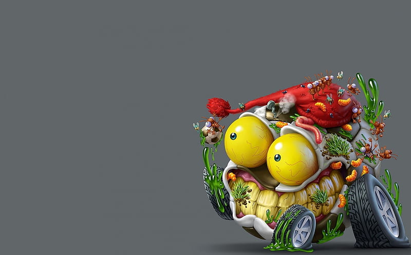 Car from Monsterland, red, worm, monsterland, yellow, oscar ramos, fantasy, car, gris, child, funny, eyes, HD wallpaper
