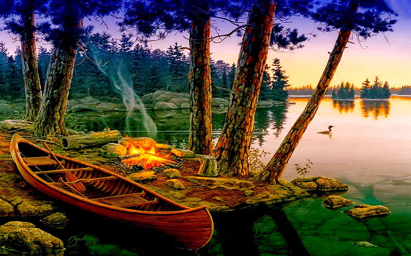 PICNIC SPOT, Boat, fire, View, Lake, Painting, picnic, HD wallpaper