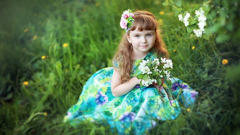 Cute Little Girl With Flowers Is Sitting On Green Grass Wearing Colorful Flowers Printed Dress Cute, HD wallpaper