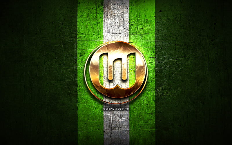 VfL Wolfsburg, golden logo, Bundesliga, green metal background, football, Wolfsburg FC, german football club, VfL Wolfsburg logo, soccer, Germany, HD wallpaper