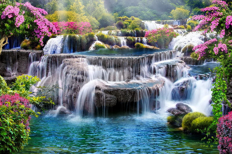 Water cascades in paradise, water, cascades, paradise, flowers, summer, waterfall, spring, forest, bonito, blossoms, HD wallpaper