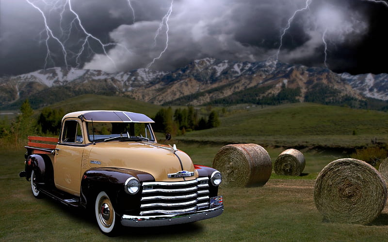 Vintage Chevy Truck with Approching Storm, Hay Field, Chevrolet, Truck, Lightning, Storm, HD wallpaper