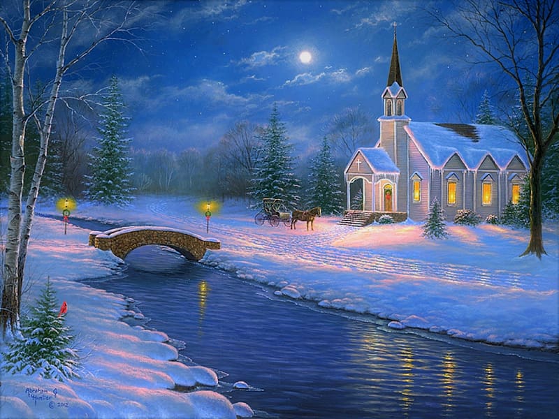 Christmas church, church, night, blue, winter, art, abraham hunter, moon, snow, iarna, luna, bridge, water, HD wallpaper