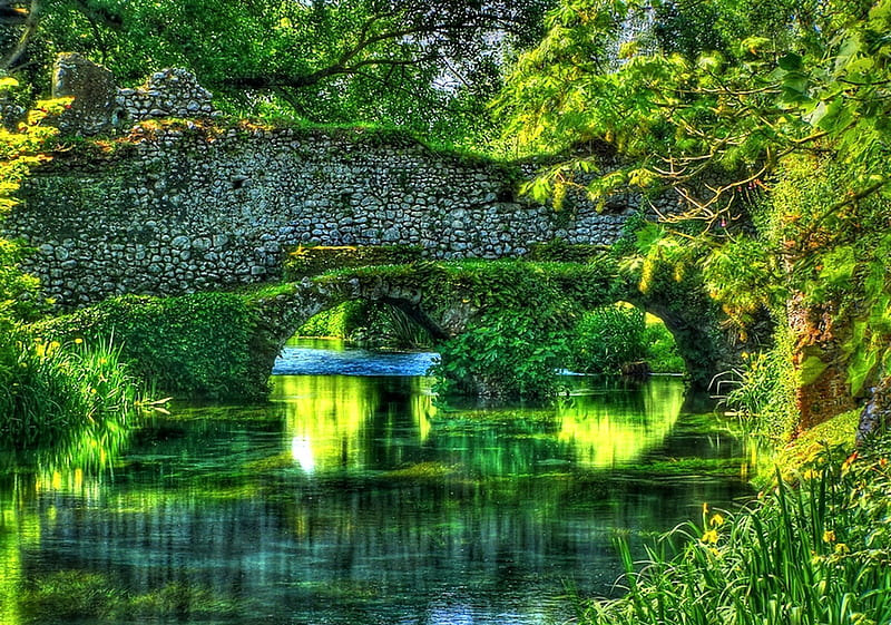 old stone bridge, forest, nature, green, bridge, HD wallpaper
