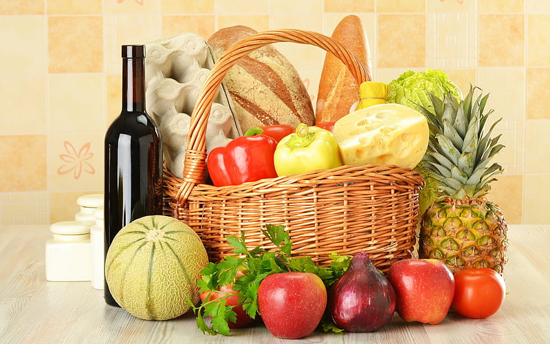 *** Great health basket ***, wino, kosz, warzywa, jedzenie, HD wallpaper